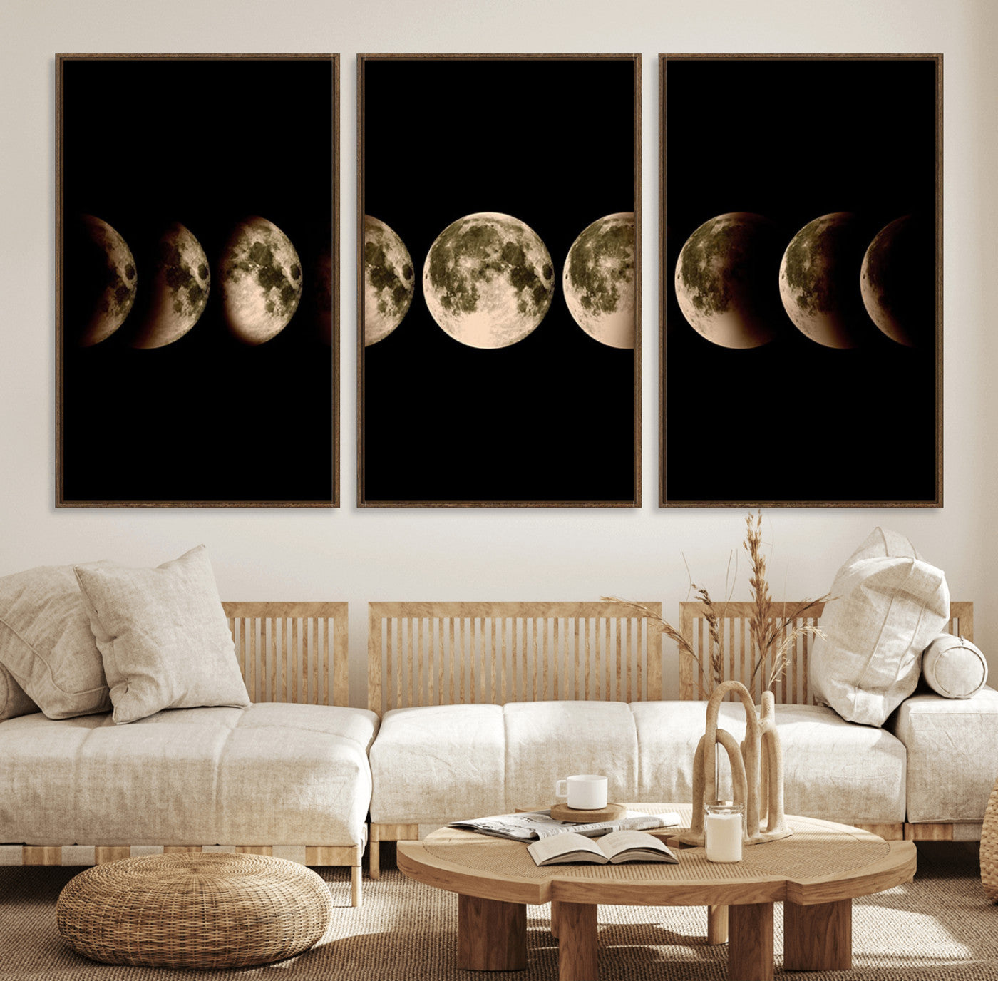 52750-MGV-FC-60X30-3P_Walnut-Phases of the Moon Wall Art | Canvas Print for Modern Wall Decor | Ready to Hang and Framed