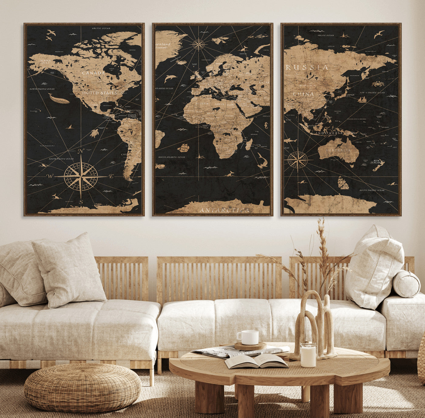 61023-MGV-FC-60X30-3P_Walnut-Vintage Push Pin World Map Canvas Print – Framed Travel Tracker Wall Art, Rustic Adventure Map Gift for Home or Office Decor