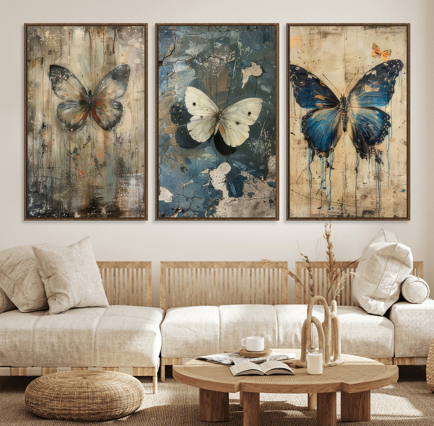 15201-MGV-FC-60X30-3P_Walnut-Butterfly Wall Art Trio | Vintage Butterfly Canvas Print | Ready to Hang Framed Artwork for