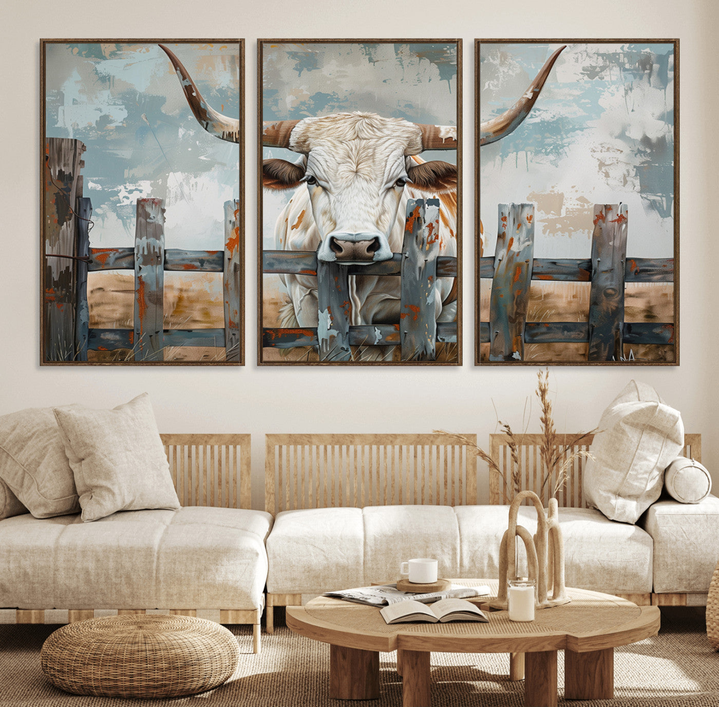 85218-MGV-FC-60X30-3P_Walnut-Vintage Cow Wall Art Canvas Print for Farmhouse Wall Decor Theme, Cattle Wall Art Print