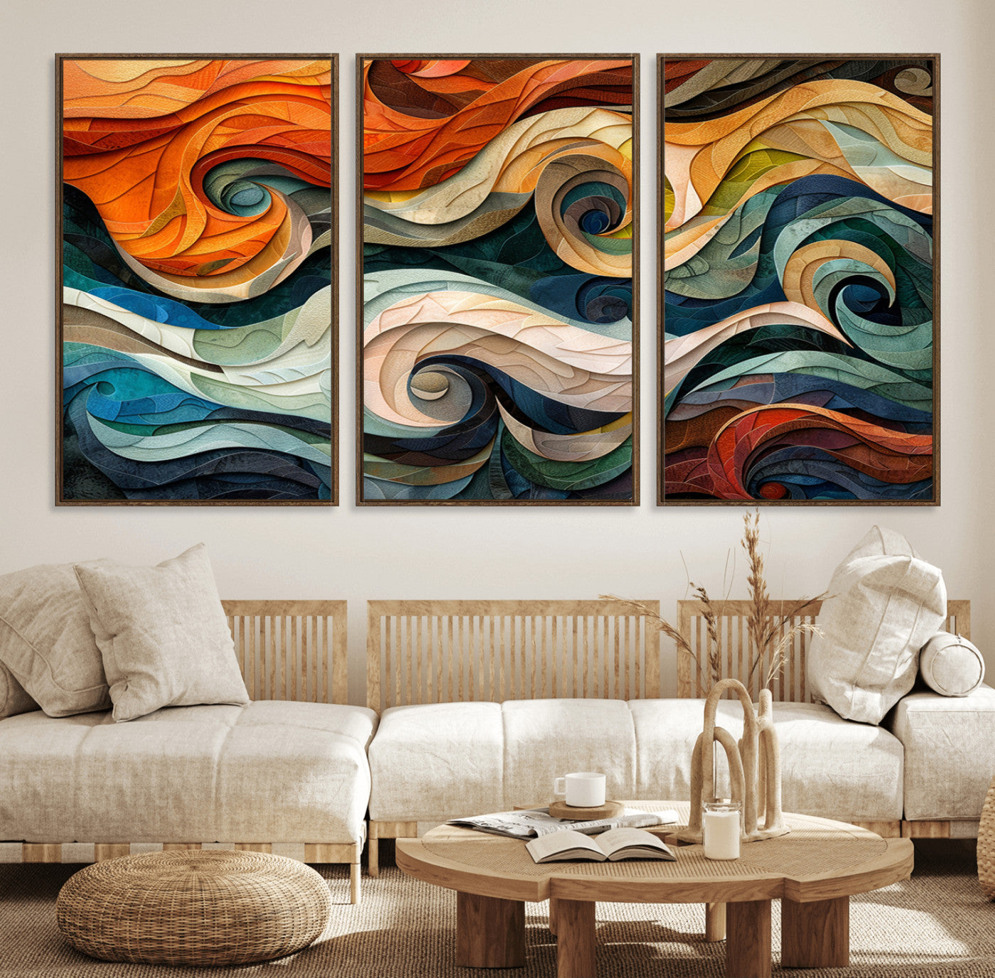 98463-MGV-FC-60X30-3P_Walnut-Abstract Wave Wall Art | Ready to Hang Framed Canvas Print | Vibrant Home Decor for Modern Spaces