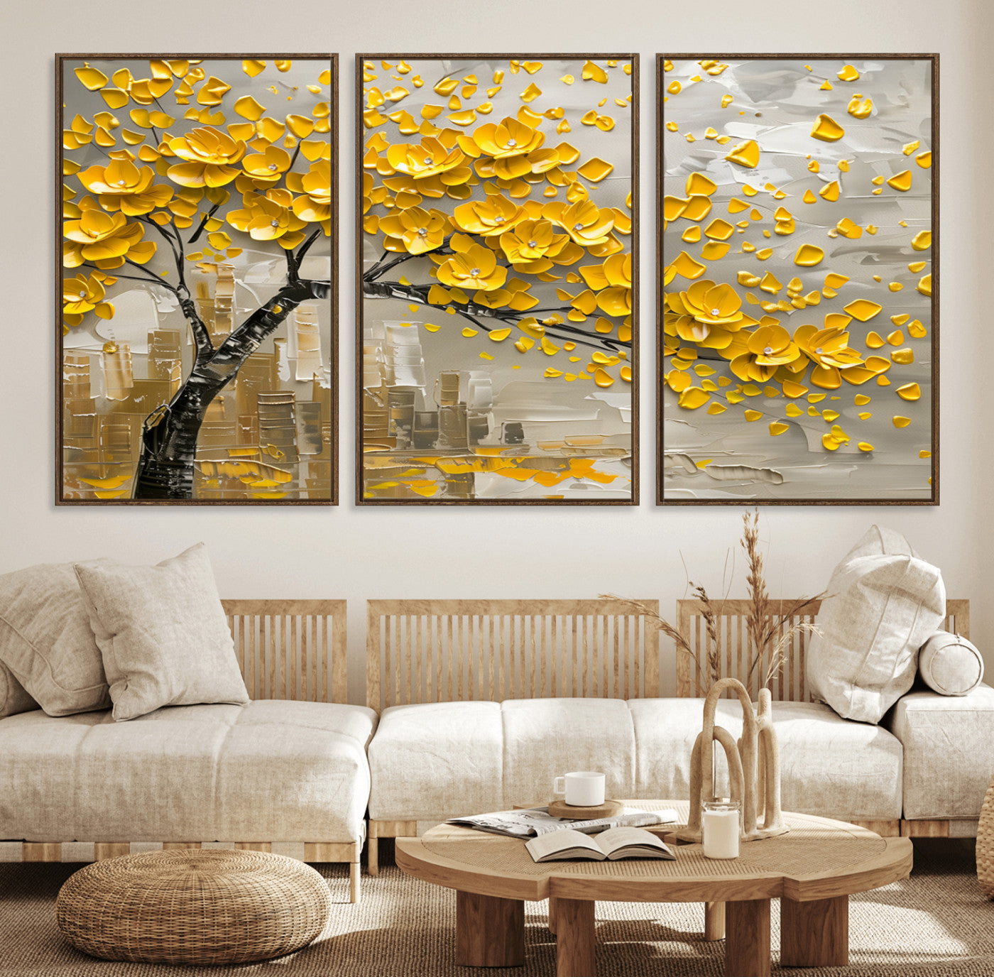 99675-MGV-FC-60X30-3P_Walnut-Yellow Blossom Tree Canvas Wall Art - Floral Abstract Modern Contemporary Artwork for Living Room or