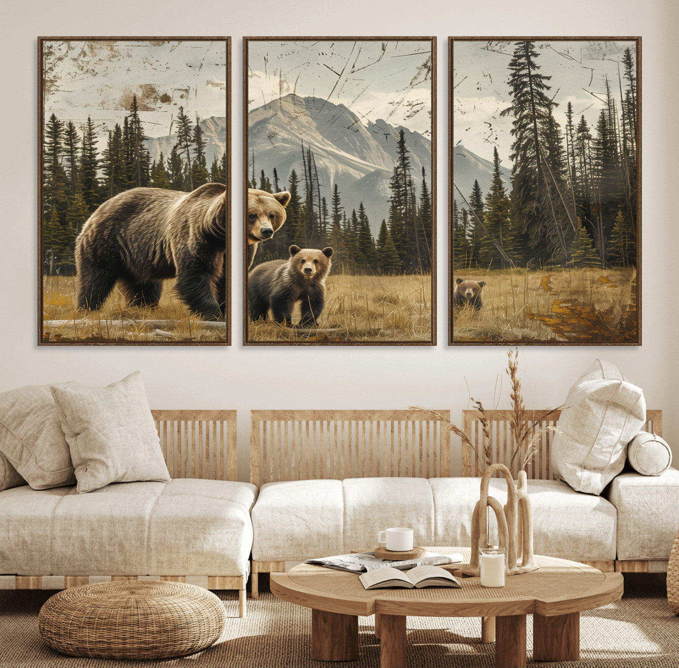 MGV-FC-60X30-3P - Rustic Grizzly 399 Bear Family Wall Art Canvas Print