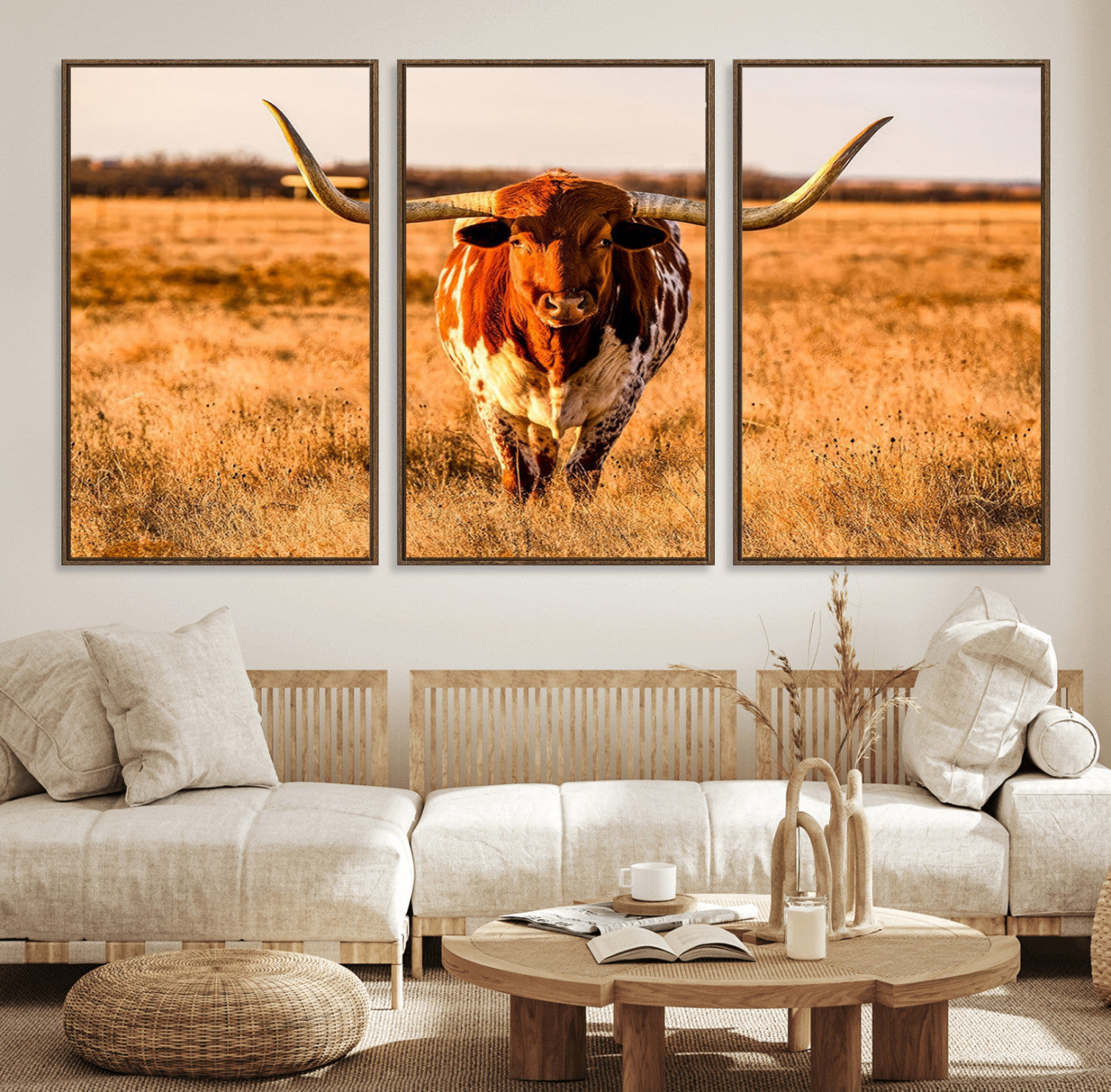57874-MGV-FC-60X30-3P_Walnut-Longhorn Cow Wall Art | Ready to Hang Framed Canvas Print for Farmhouse and Barn Decor