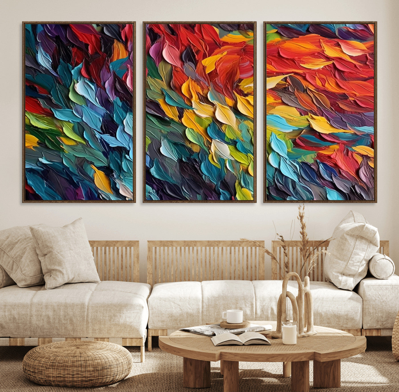 41557-MGV-FC-60X30-3P_Walnut-Vibrant Abstract Leaf Wall Art Canvas Print | Bold Colorful Canvas for Living Room or Office | Ready