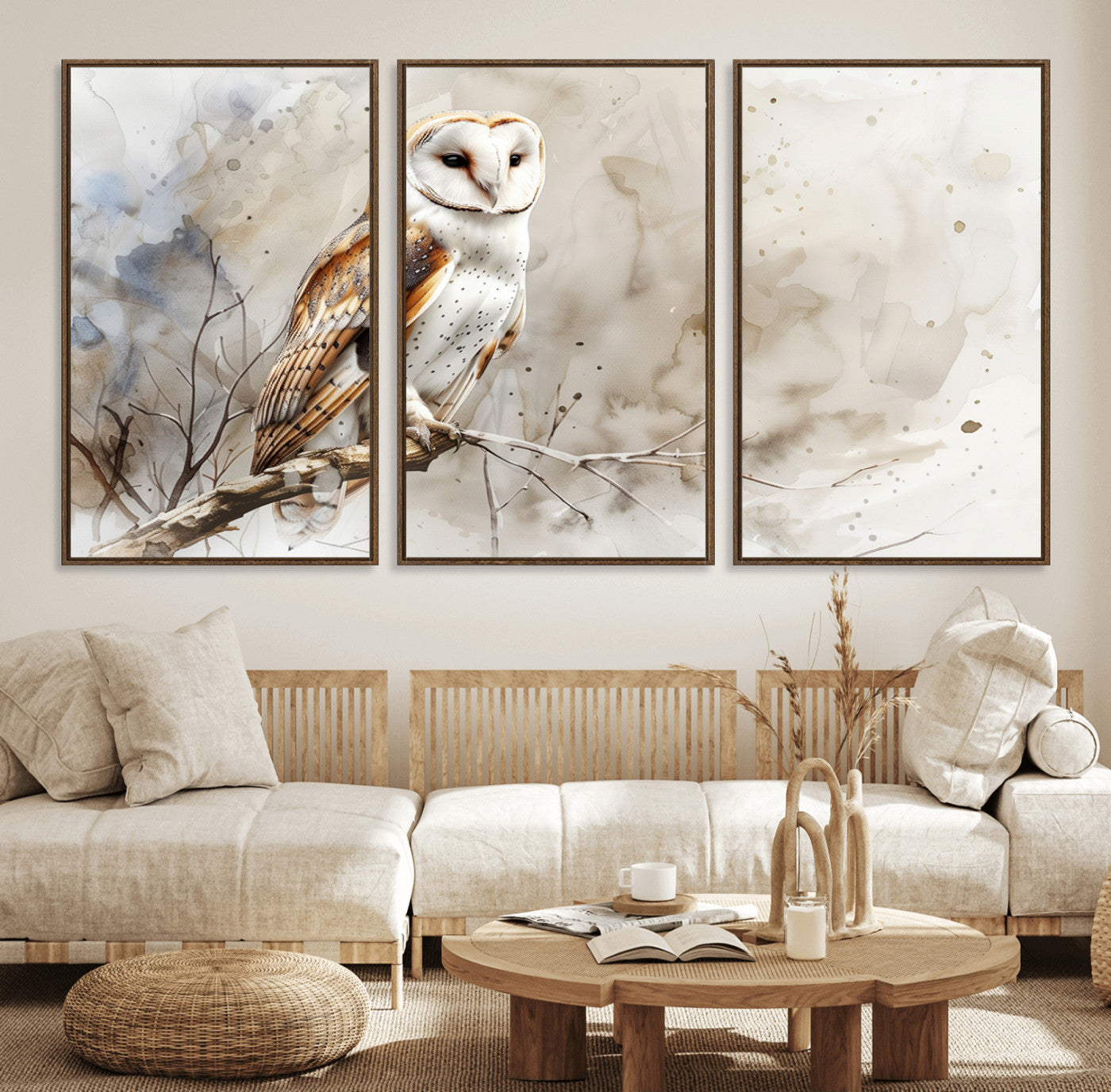 60812-MGV-FC-60X30-3P_Walnut-Barn Owl Wall Art | Watercolor Canvas Print | Perfect for Farmhouse Wall Decor | Ready to Hang