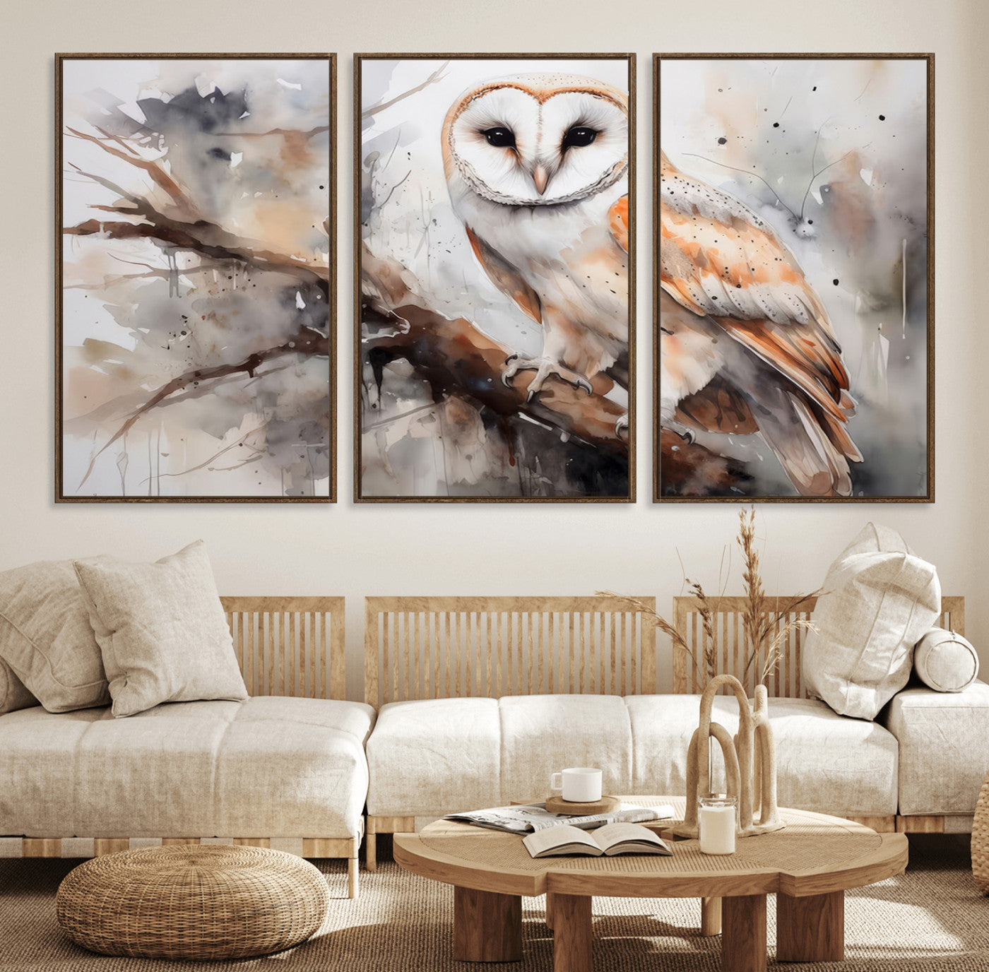53515-MGV-FC-60X30-3P_Walnut-Barn Owl Wall Art | Watercolor Barn Owl Canvas Print | Perfect for Farmhouse Wall Decor | Ready to