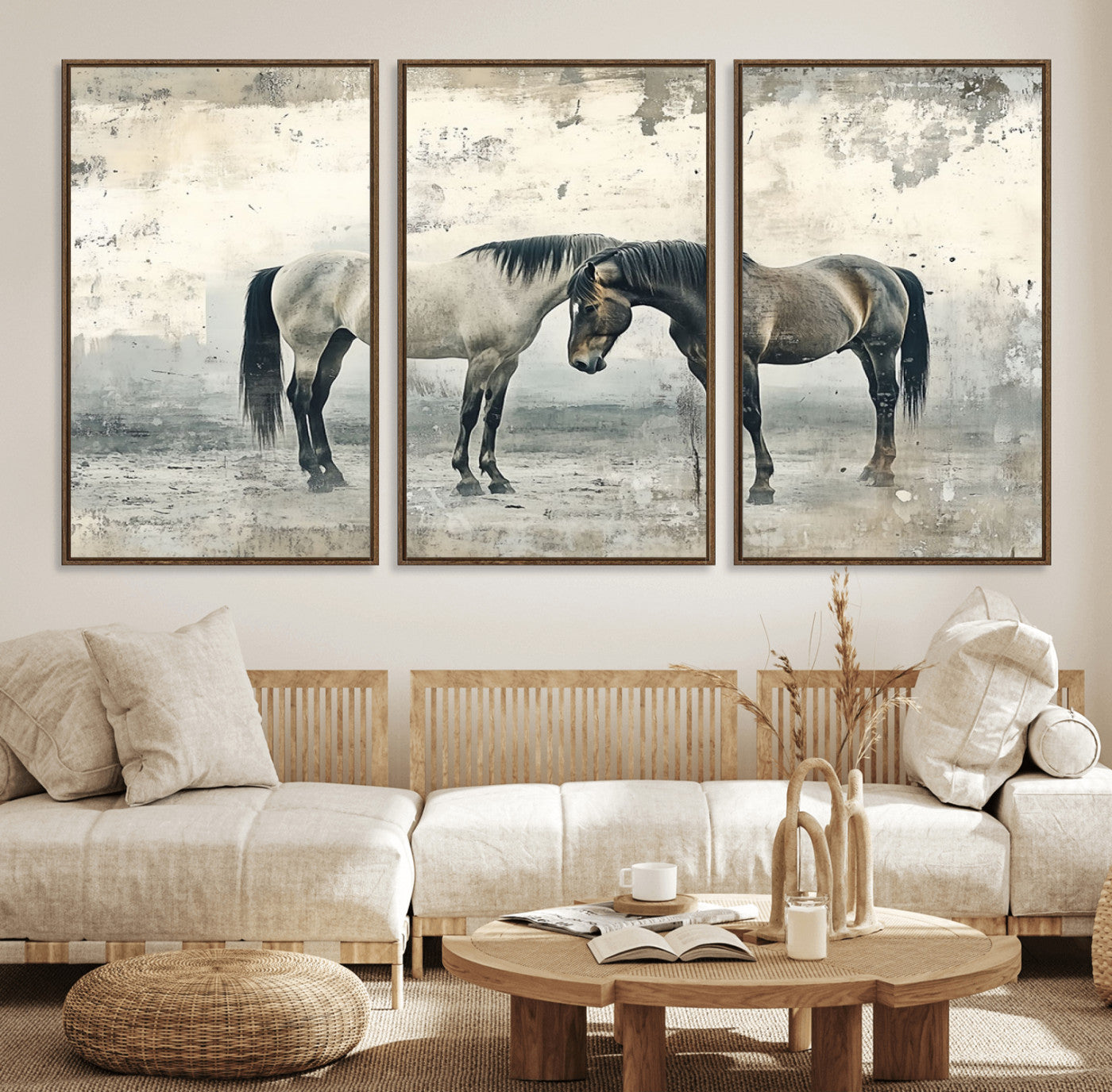 33288-MGV-FC-60X30-3P_Walnut-Chines Style Majestic Horses Wall Art | Ready to Hang and Framed Triptych Print | Western Farmhouse