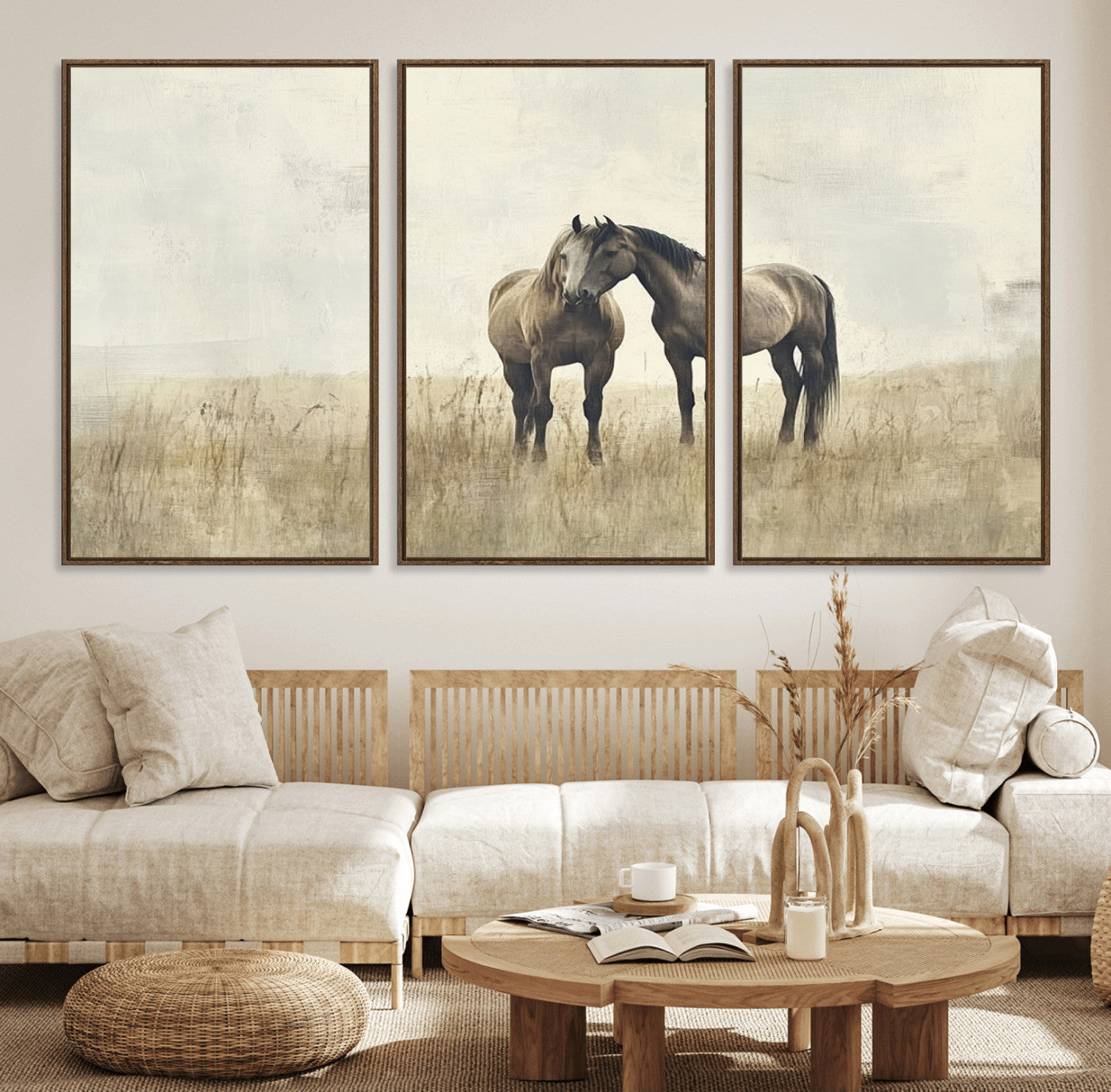 48781-MGV-FC-60X30-3P_Walnut-Chines Style Grunge Horses Wall Art Canvas Print
