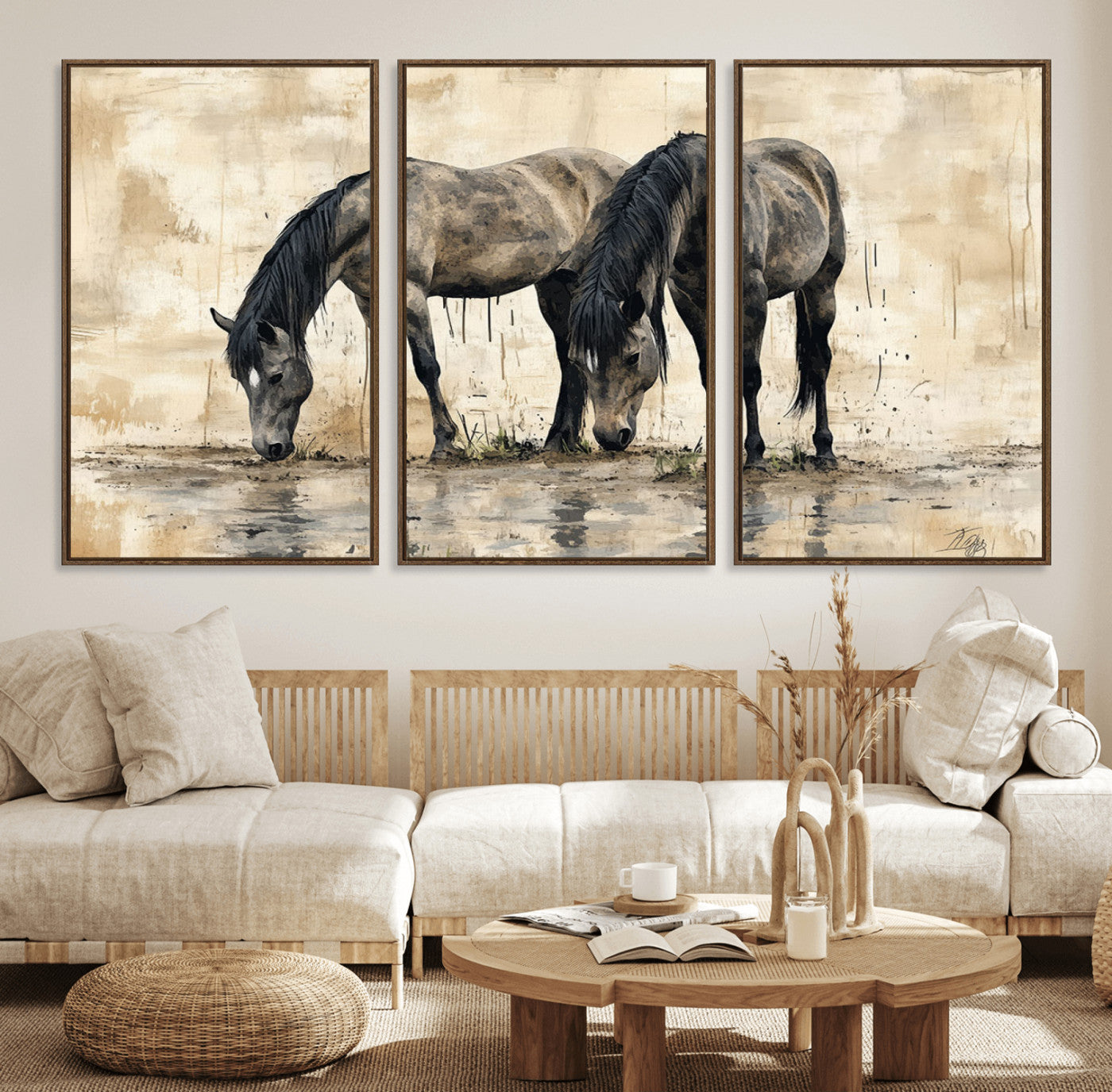 45159-MGV-FC-60X30-3P_Walnut-Chinese Style Abstract Black Horses Wall Art Canvas Print - Abstract Horse Wall Art Canvas Print