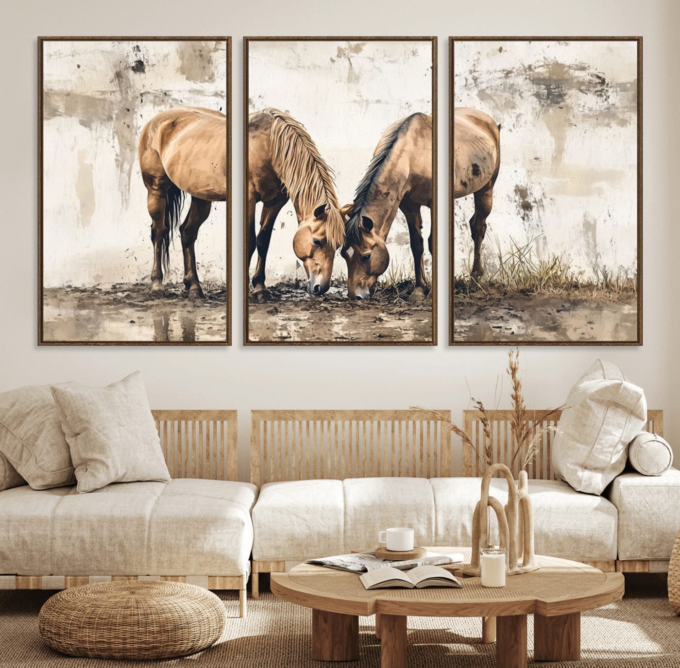 44742-MGV-FC-60X30-3P_Walnut-Vintage Horses Wall Art | Ready to Hang and Framed Triptych | Western Farmhouse Wall Decor for