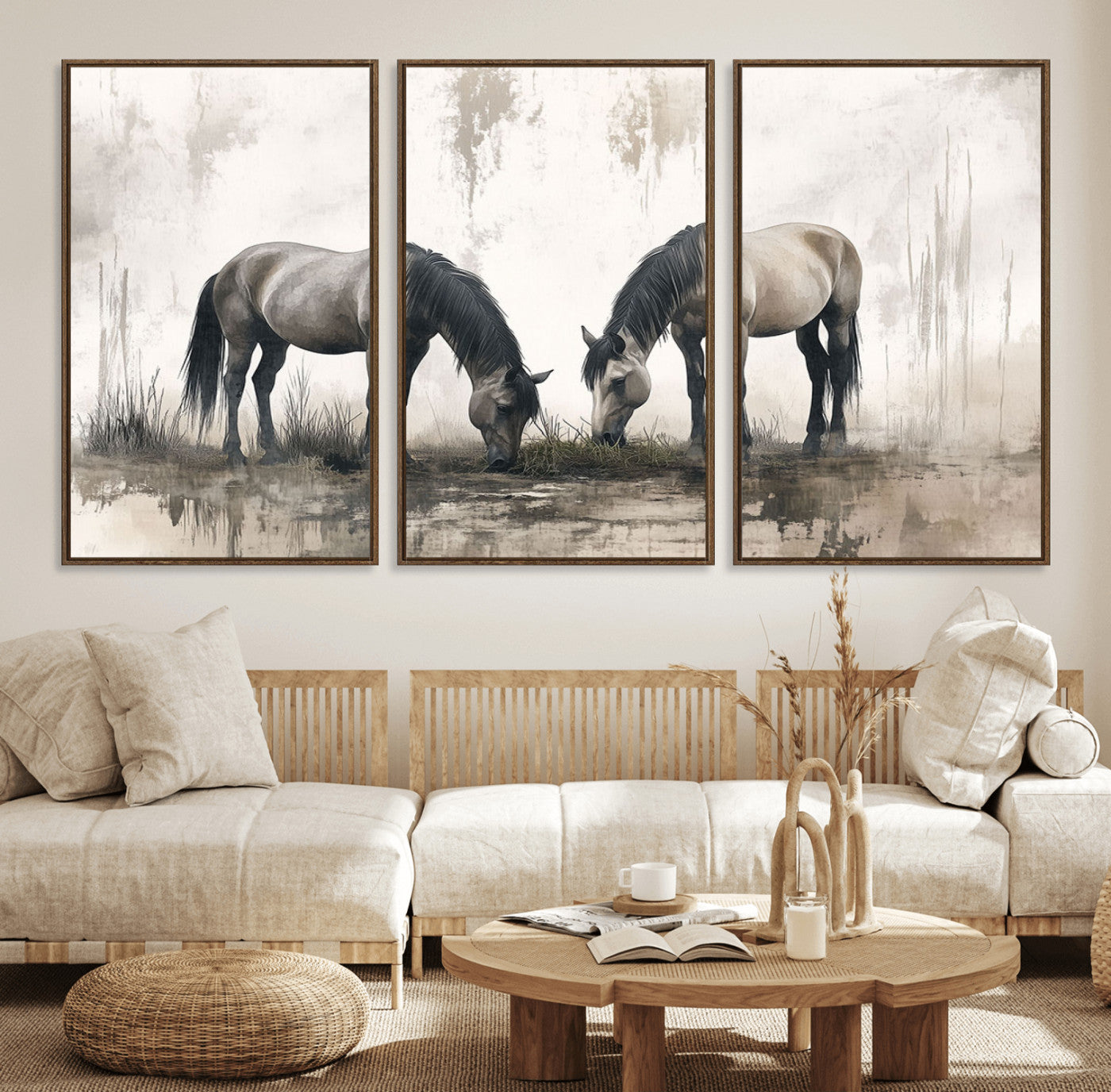35494-MGV-FC-60X30-3P_Walnut-Chines Ink Style Vintage Horses Wall Art Canvas Print for Farmhouse Wall Decor