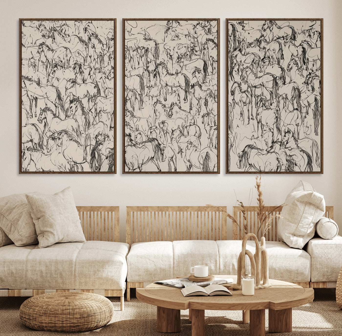 MGV-FC-60X30-3P - Abstract Horse Sketch Wall Art | Ready to Hang and Framed | Farmhouse Wall Decor for Living Room or