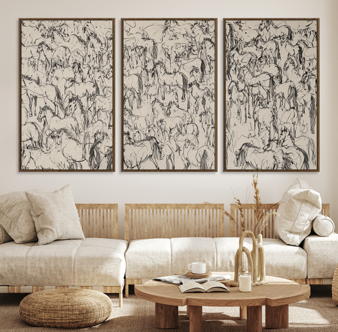 MGV-FC-60X30-3P - Abstract Horse Sketch Wall Art | Ready to Hang and Framed | Farmhouse Wall Decor for Living Room or