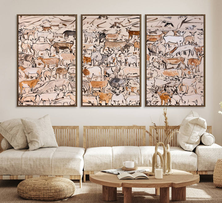 Framed Goat Herd Wall Art in minimal brush strokes on a beige backdrop, ideal for farmhouse or cabin decor.