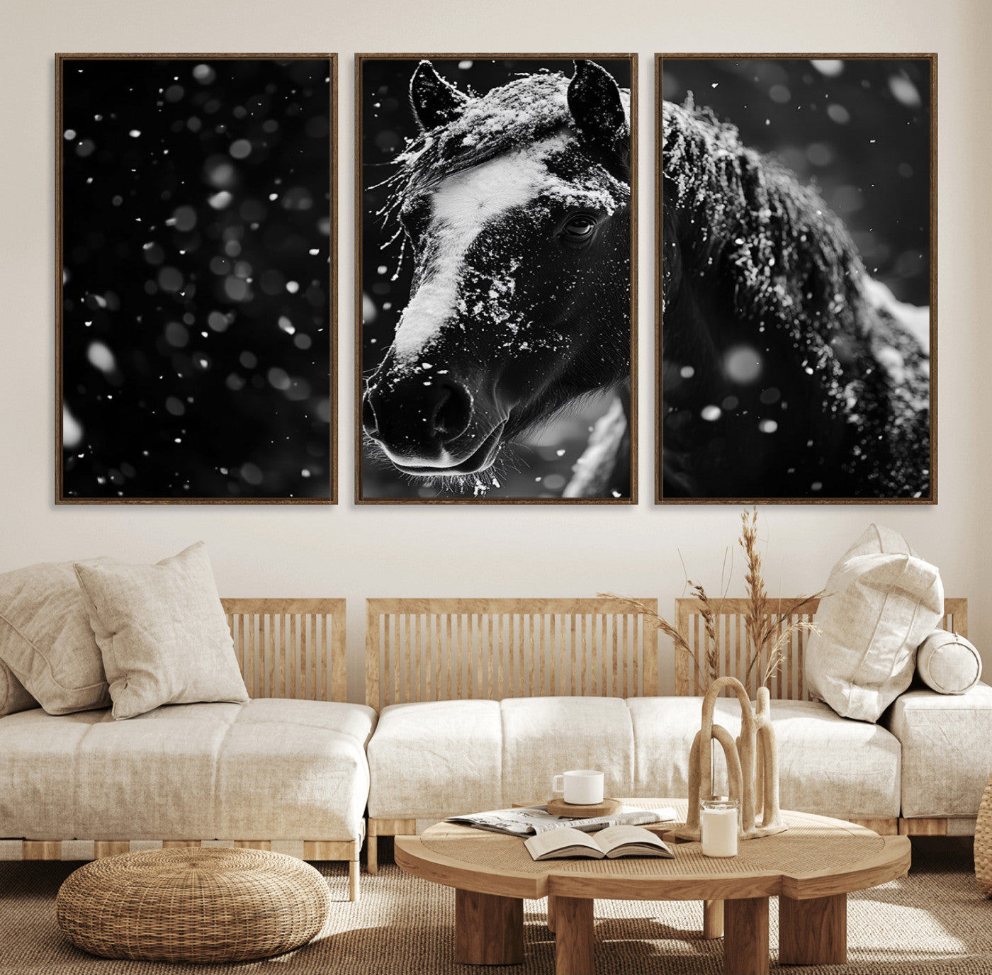 75290-MGV-FC-60X30-3P_Walnut-Winter Horse Wall Art | Black and White Horse Print | Ready to Hang and Framed | Farmhouse Wall Art