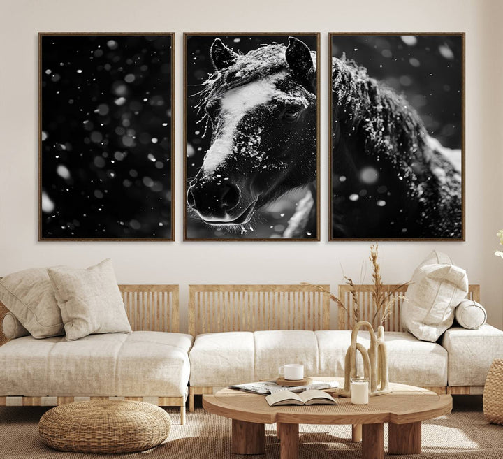 The Winter Horse Wall Art showcases a gentle horse print with snowflakes, ideal for rustic farmhouse or cabin decor.