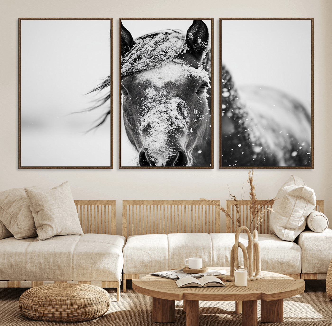 58804-MGV-FC-60X30-3P_Walnut-Western Wall Art | Black and White Winter Horse Wall Art | Ready to Hang and Framed | Farmhouse and
