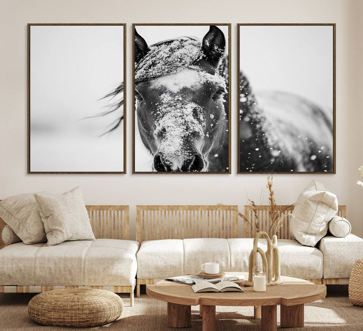 This black and white winter horse wall art enhances any decor; it is ready to hang and framed for a farmhouse or Western style.