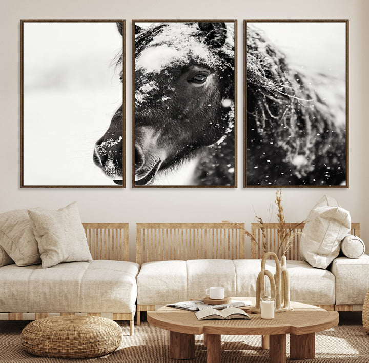 The wall art is a Black and White Horse piece, framed and ready to hang.