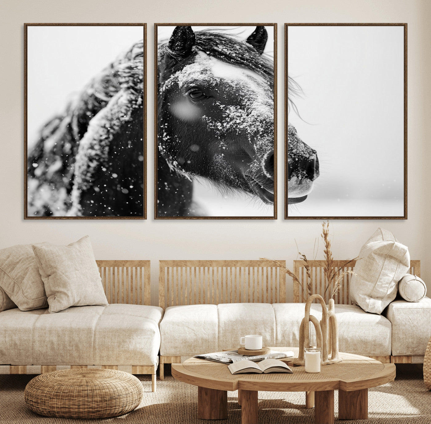 52374-MGV-FC-60X30-3P_Walnut-Winter Horse Canvas Print | Large 3-Panel Black White Equine Photography for Rustic Farmhouse Wall