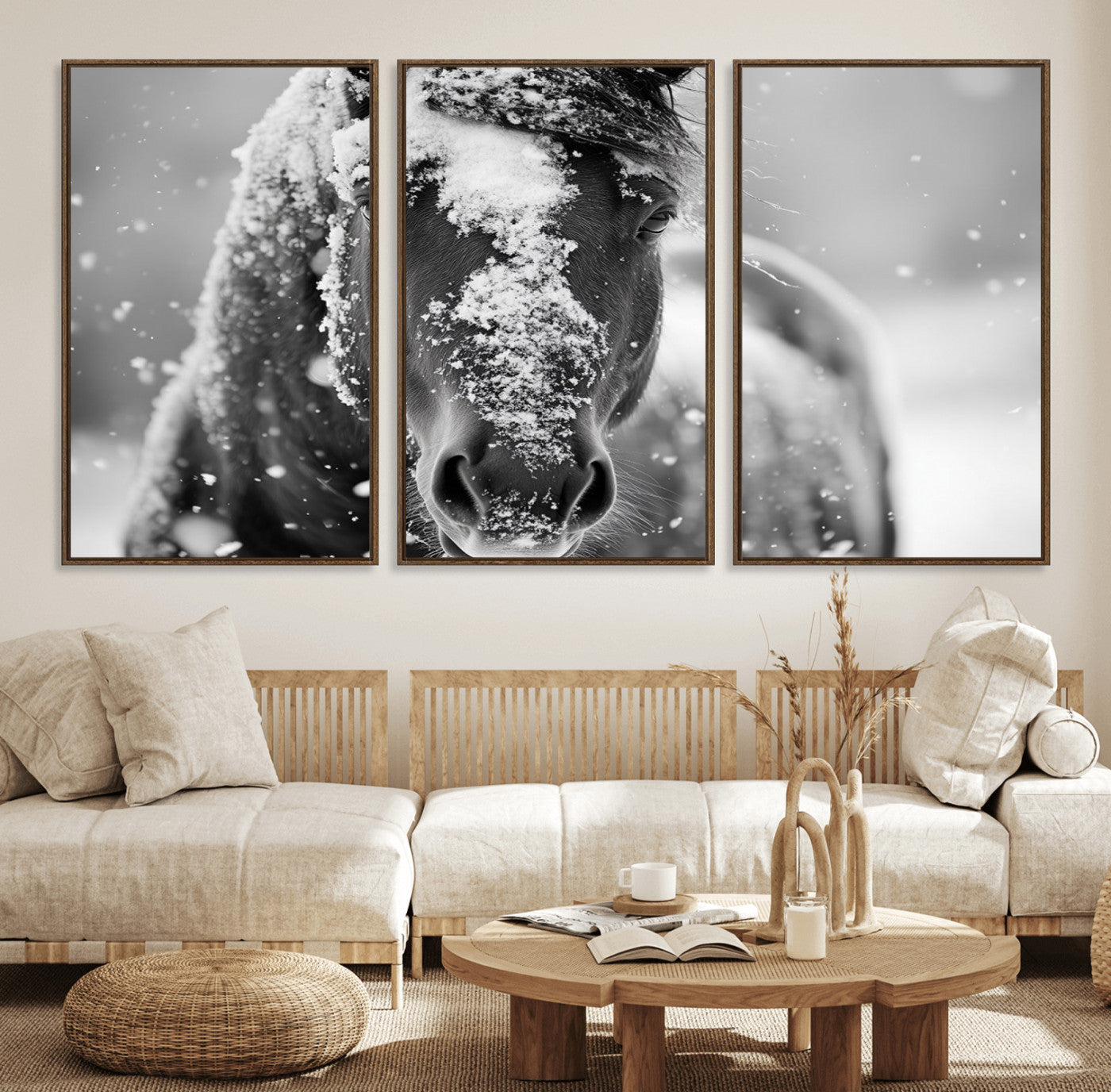 MGV-FC-60X30-3P - Black and White Horse Winter Wall Art | Ready to Hang and Framed | Farmhouse Wall Decor | Western