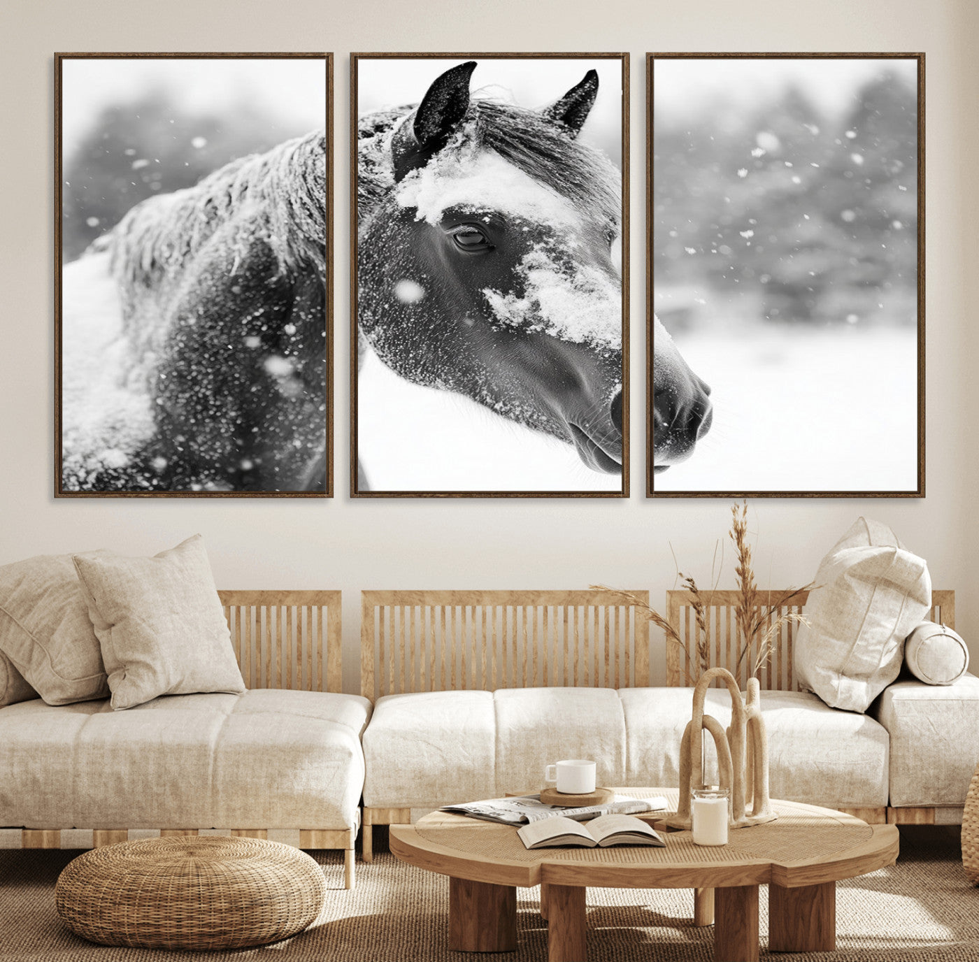 13358-MGV-FC-60X30-3P_Walnut-Black Horse Winter Wall Art | Ready to Hang and Framed | Farmhouse and Western Wall Decor for Living