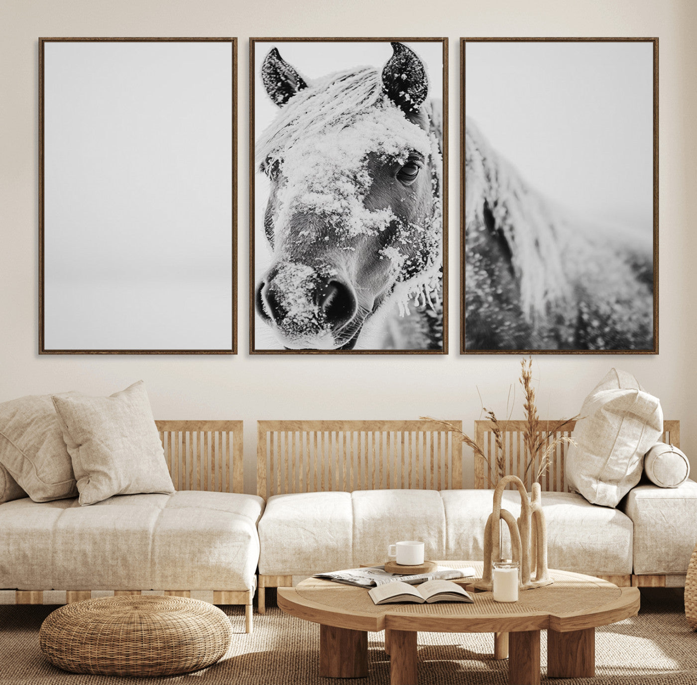 36319-MGV-FC-60X30-3P_Walnut-White Horse Wall Art | Ready to Hang and Framed | Winter Horse Wall Art Print for Farmhouse and