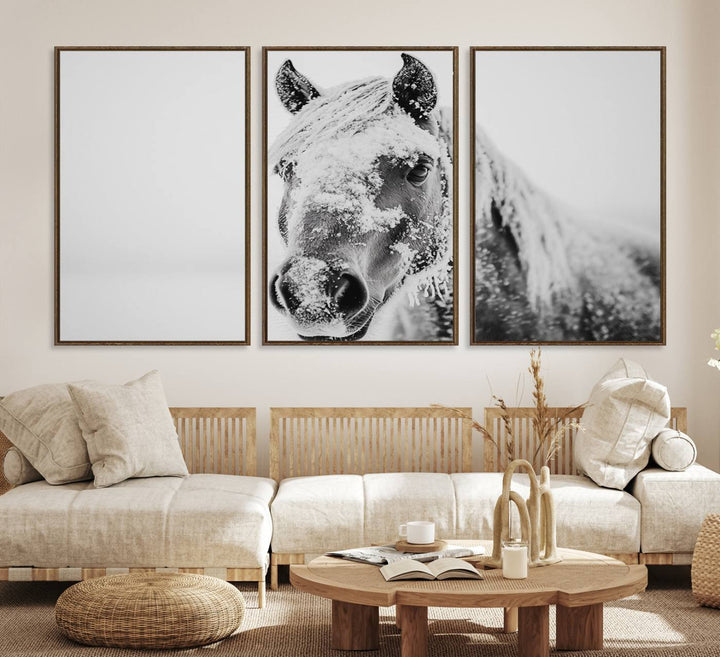 White Horse Wall Art: A black and white photo of a snow-covered horse, framed and ready to hang for farmhouse decor.