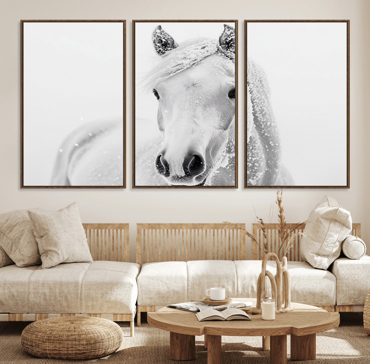 74782-MGV-FC-60X30-3P_Walnut-Majestic White Horse Wall Art | Ready to Hang and Framed | Farmhouse Wall Decor for Living Room