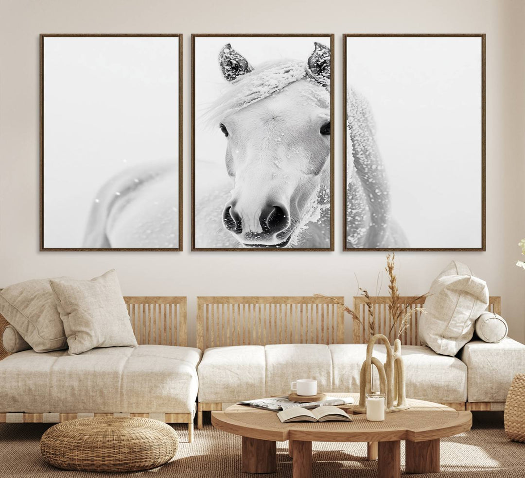 The dining room features the Majestic White Horse Wall Art, adding to its rustic charm.