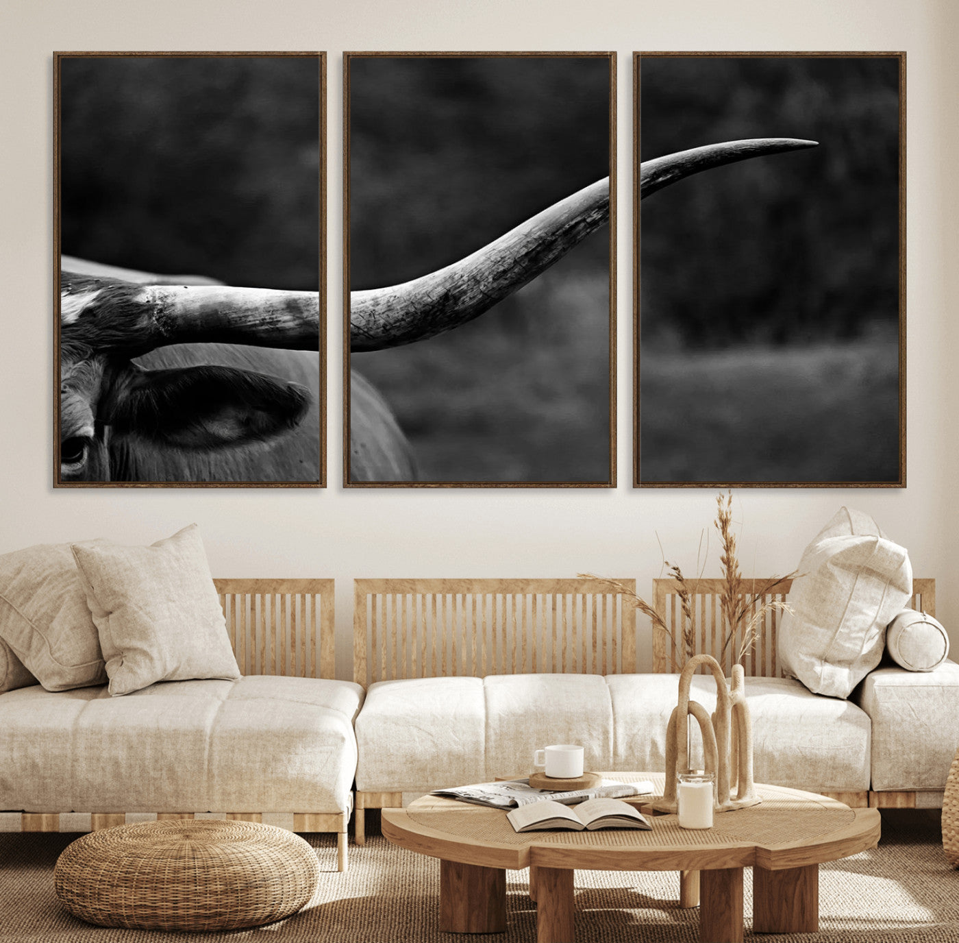 96654-MGV-FC-60X30-3P_Walnut-Cow Longhorn Wall Art | Black and White Print | Ready to Hang and Framed | Farmhouse Wall Decor |