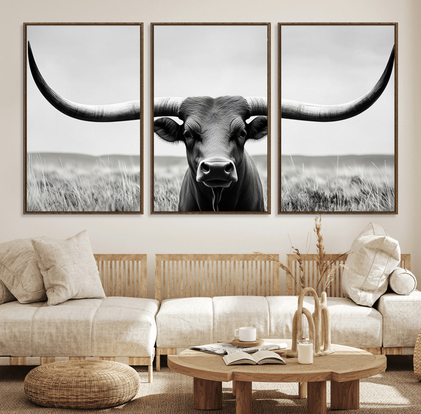 MGV-FC-60X30-3P - Longhorn Bull Canvas Print | Rustic Farmhouse Wall Art | Western Decor | Ready to Hang and Framed
