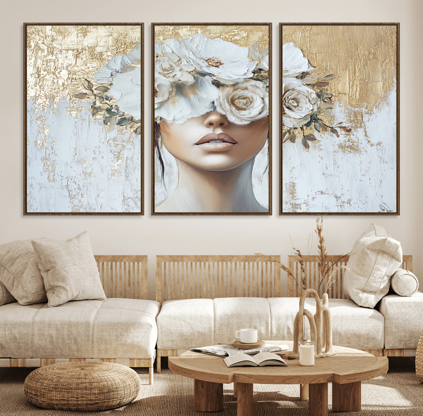 38498-MGV-FC-60X30-3P_Walnut-Golden Petal Wall Art - Canvas Print Flower Head Woman Painting Floral Woman Portrait Wall Decor,