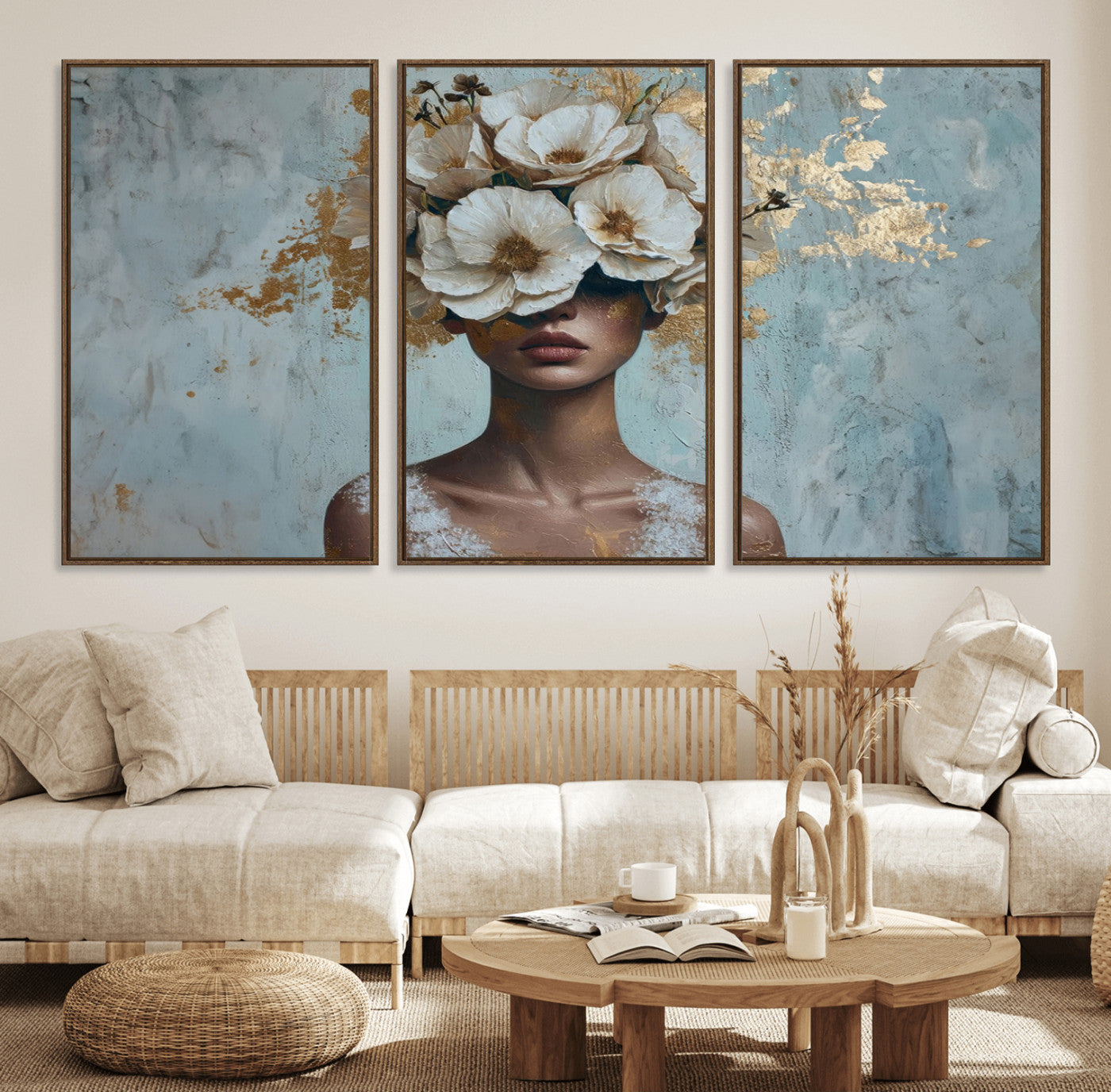 MGV-FC-60X30-3P - Golden Petal Wall Art - Petal Silhouette Woman Wall Art Canvas Print | Large 3-Panel Canvas with