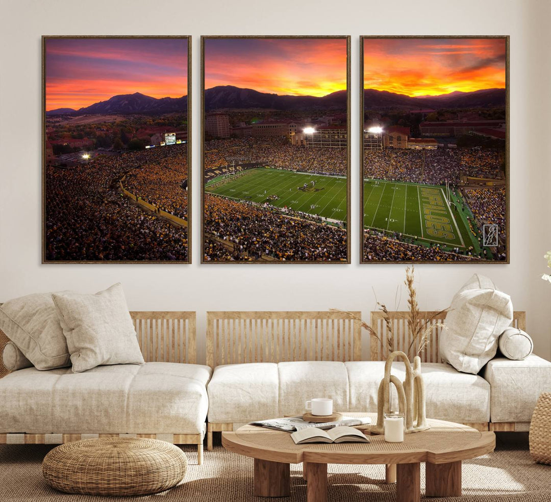 A vibrant mountain sunset at Folsom Field, home of the University of Colorado Football team, is captured in this stunning wall art canvas print.