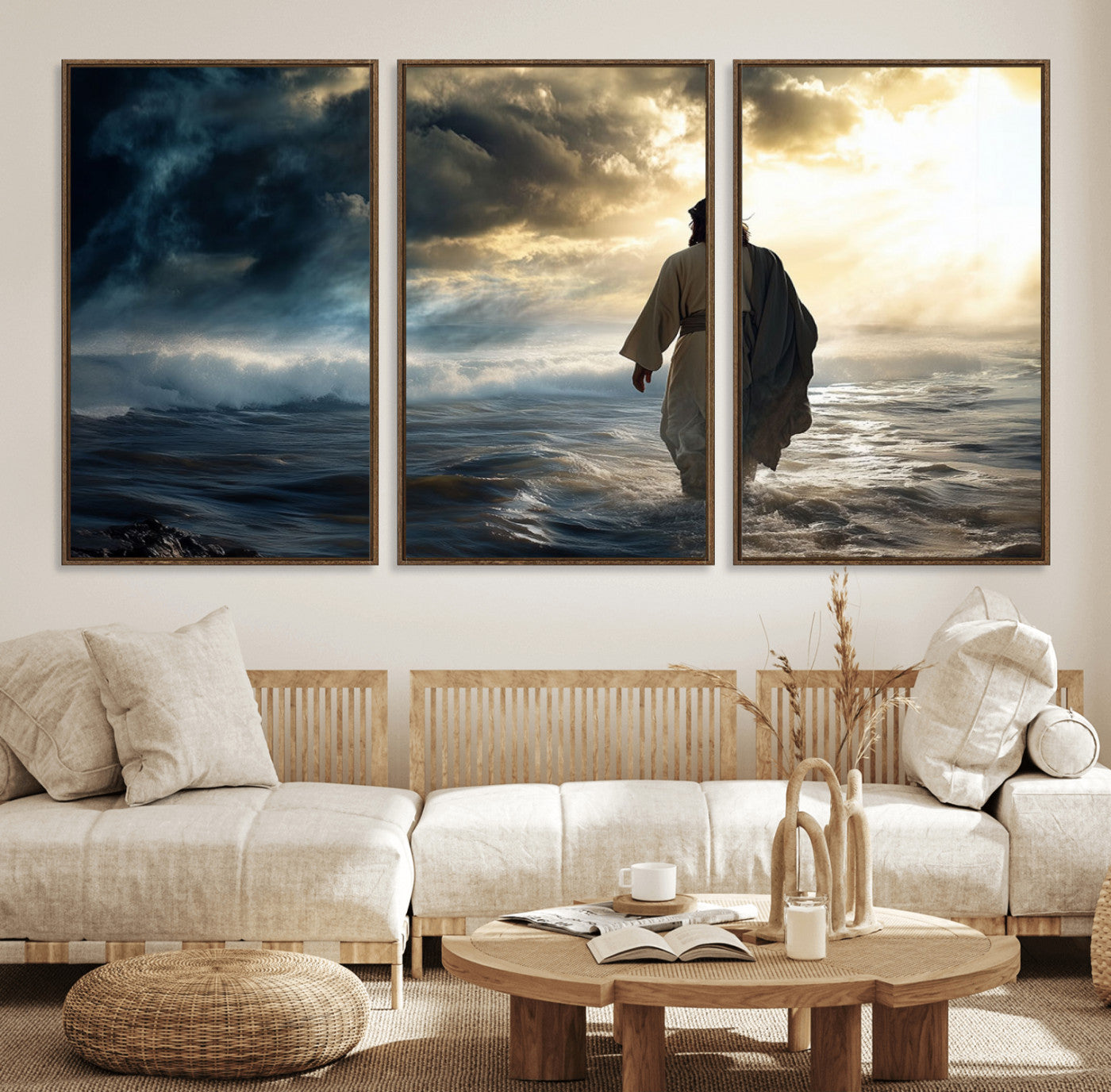 76524-MGV-FC-60X30-3P_Walnut-Jesus Walking Water Wall Art – Inspirational Christian Canvas Print, Faith Based Spiritual Artwork for Living Room, Prayer Space, or Church Decor