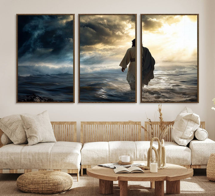 A dramatic sky serves as the backdrop for the Jesus Walking on Water wall art, a perfect piece for Christian home decor.