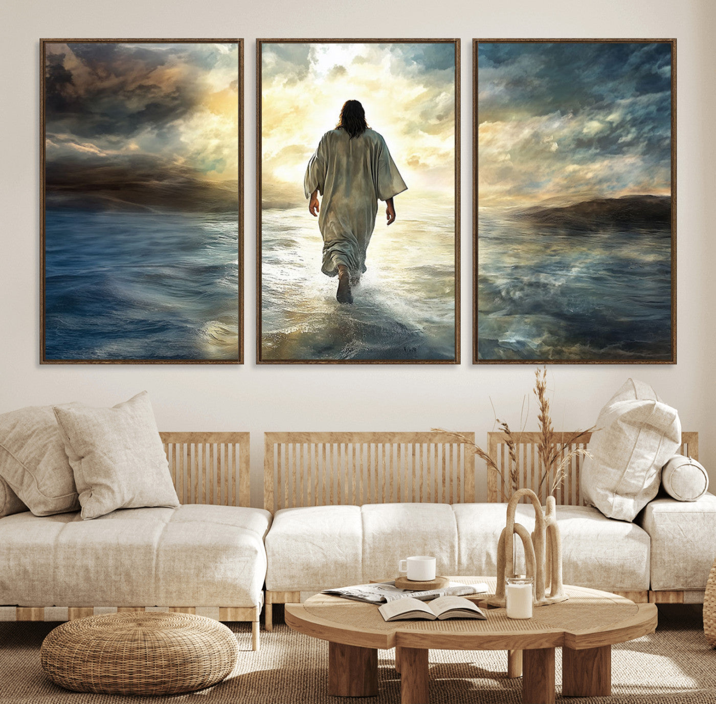 82295-MGV-FC-60X30-3P_Walnut-Jesus Walking on Water Wall Art | Canvas Print | Ready to Hang | Christian Home Decor | Spiritual