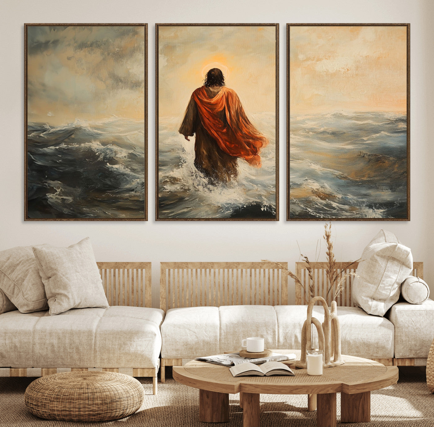 33344-MGV-FC-60X30-3P_Walnut-Jesus Walking on Water, Christian Wall Art, Jesus Christ Walking on Oil Painting Style Print