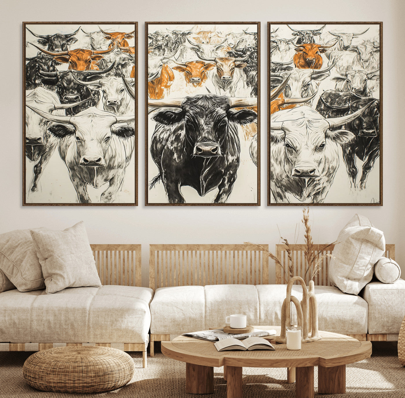 79794-MGV-FC-60X30-3P_Walnut-Farmhouse Wall Art | Western Longhorn Cattle Canvas Print | Ready to Hang and Framed Barn Decor
