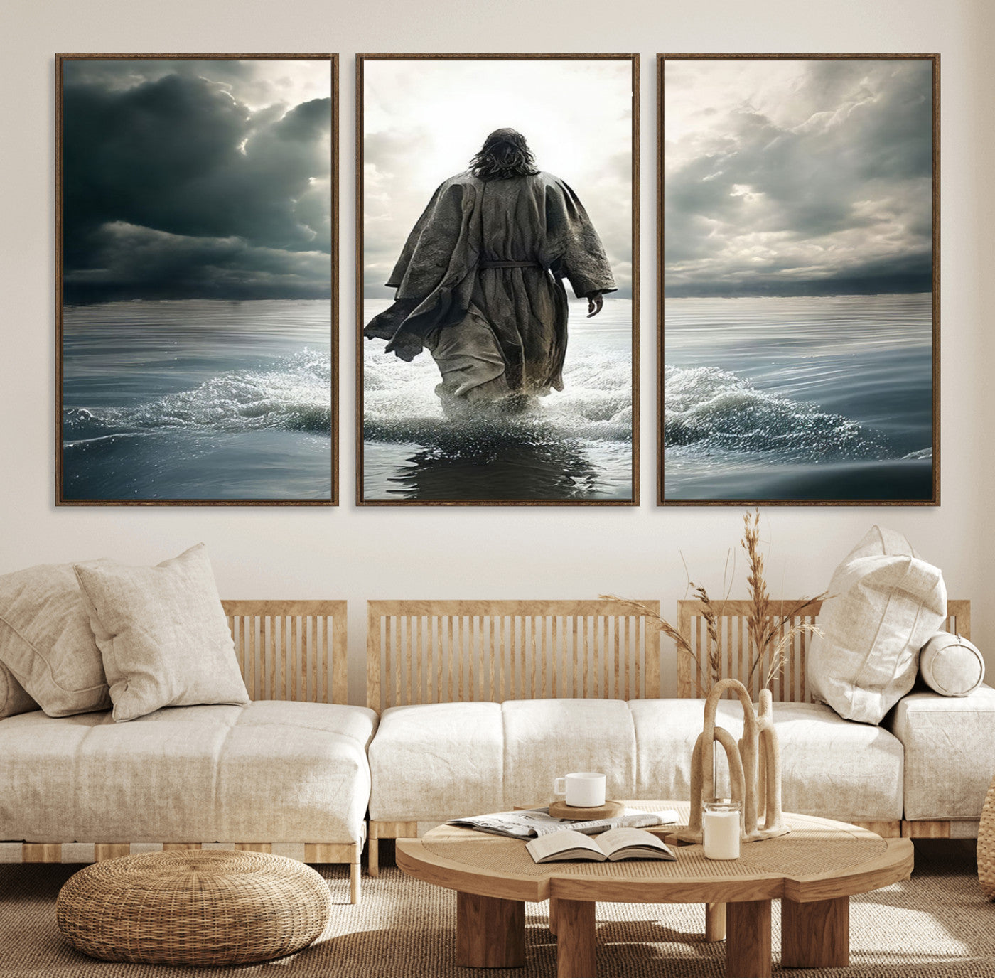 62787-MGV-FC-60X30-3P_Walnut-Jesus Walking on Water Wall Art | Canvas Print | Ready to Hang | Christian Home Decor | Spiritual