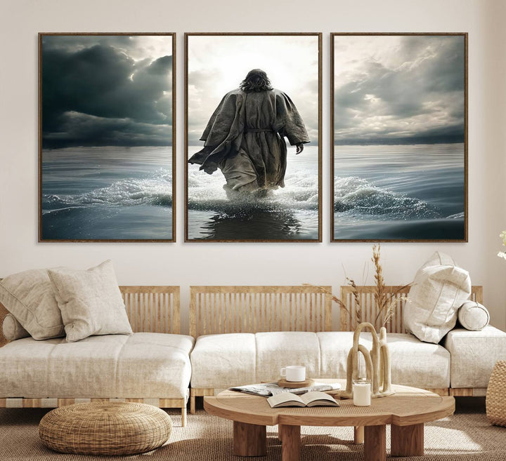 A canvas wall art depicting a figure walking on water beneath dramatic clouds, designed as inspirational religious imagery and ready to hang.