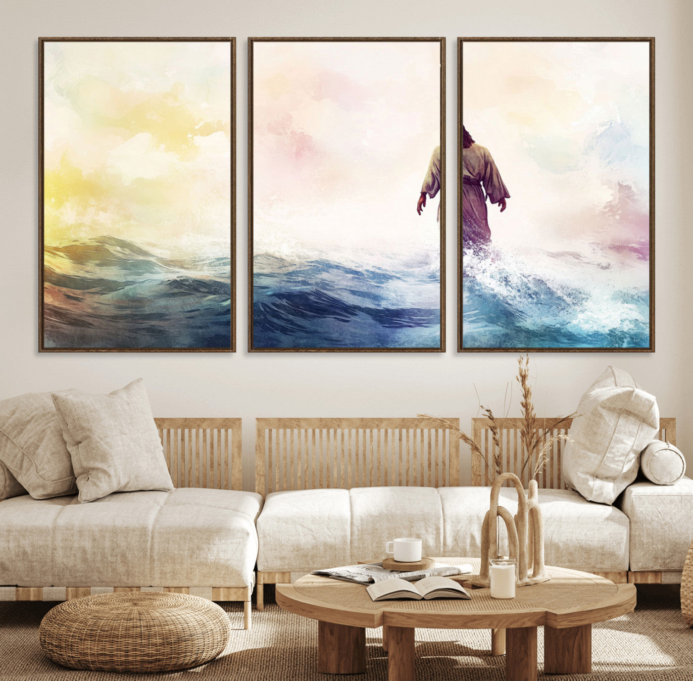 60356-MGV-FC-60X30-3P_Walnut-Watercolor Jesus Walking on Water Canvas Print, Christian Wall Art, Jesus Christ Walking