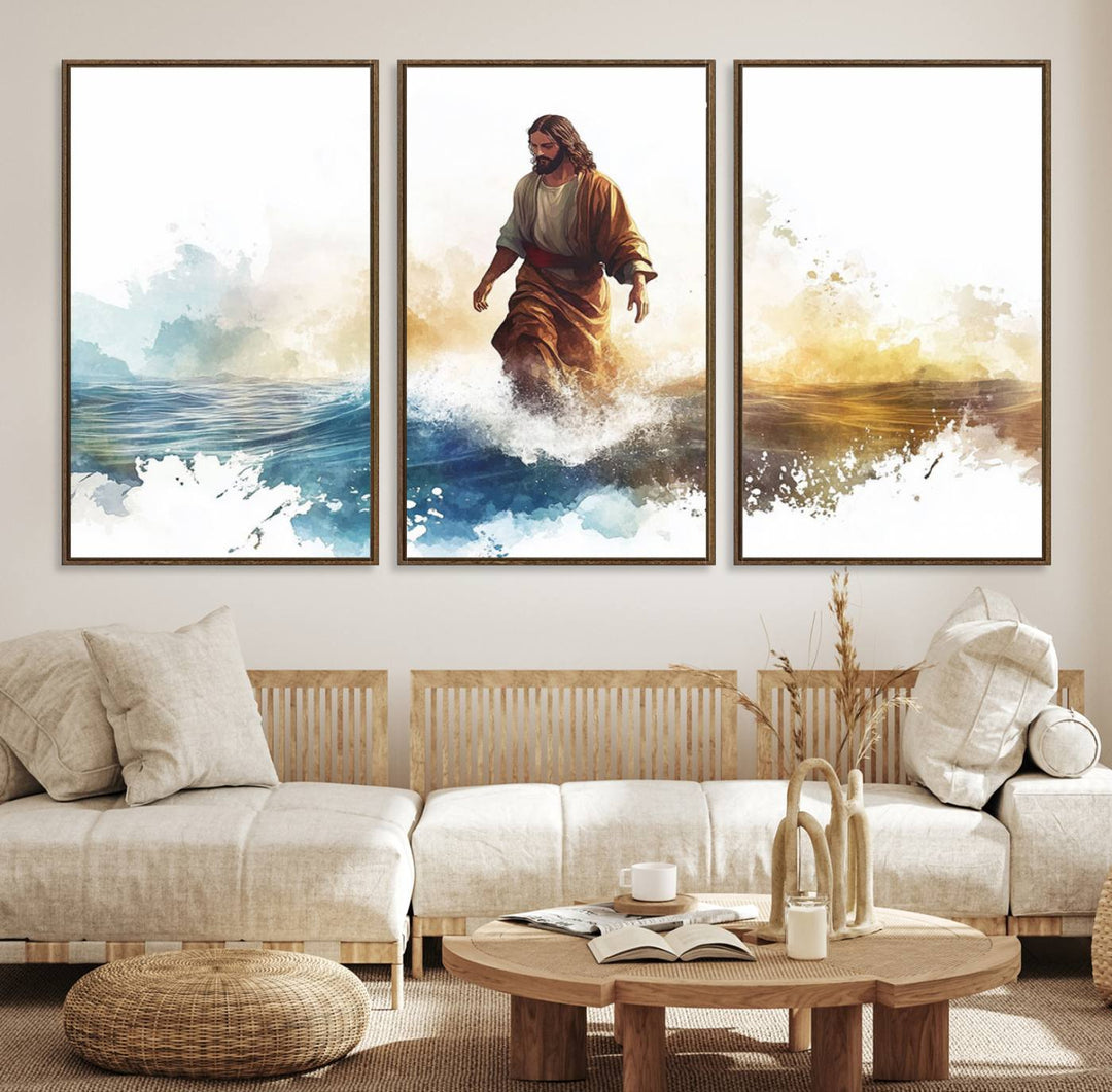 This watercolor canvas print depicts Jesus walking, characterized by abstract splashes against a serene background. It serves as a beautiful piece of Christian wall art.