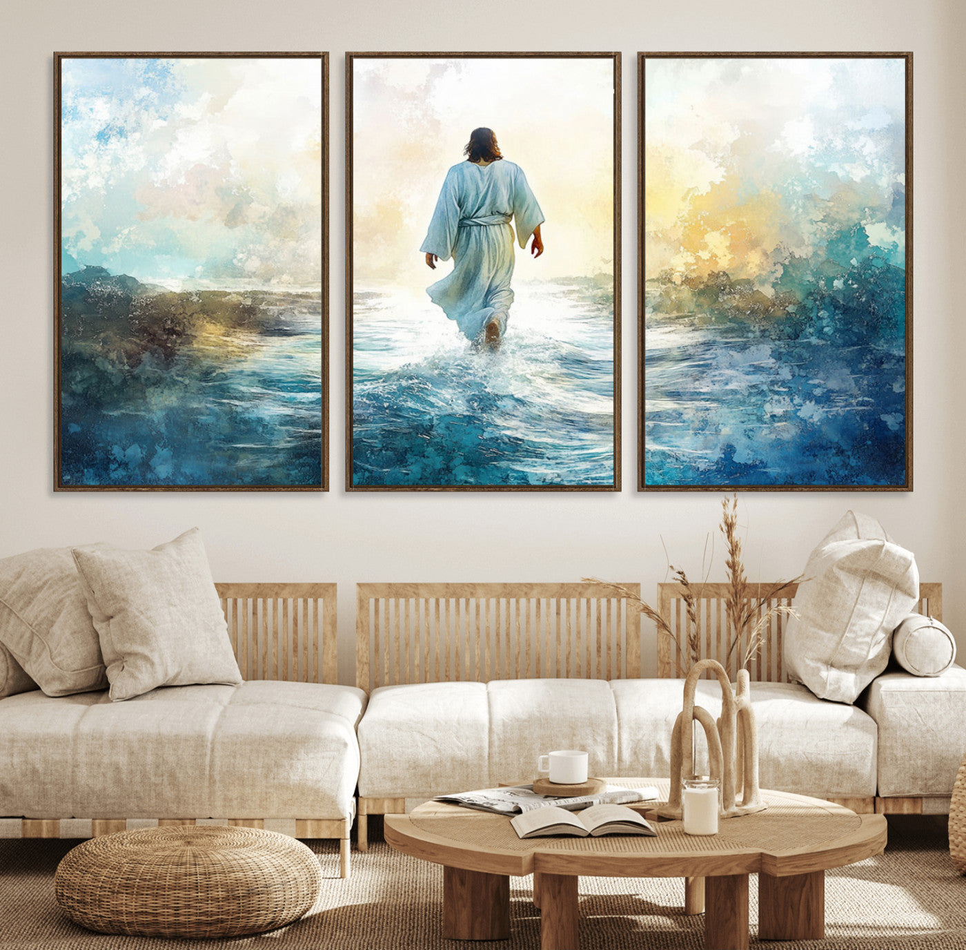 60634-MGV-FC-60X30-3P_Walnut-Watercolor Jesus Walking on Water Canvas Print, Christian Wall Art, Jesus Christ Walking