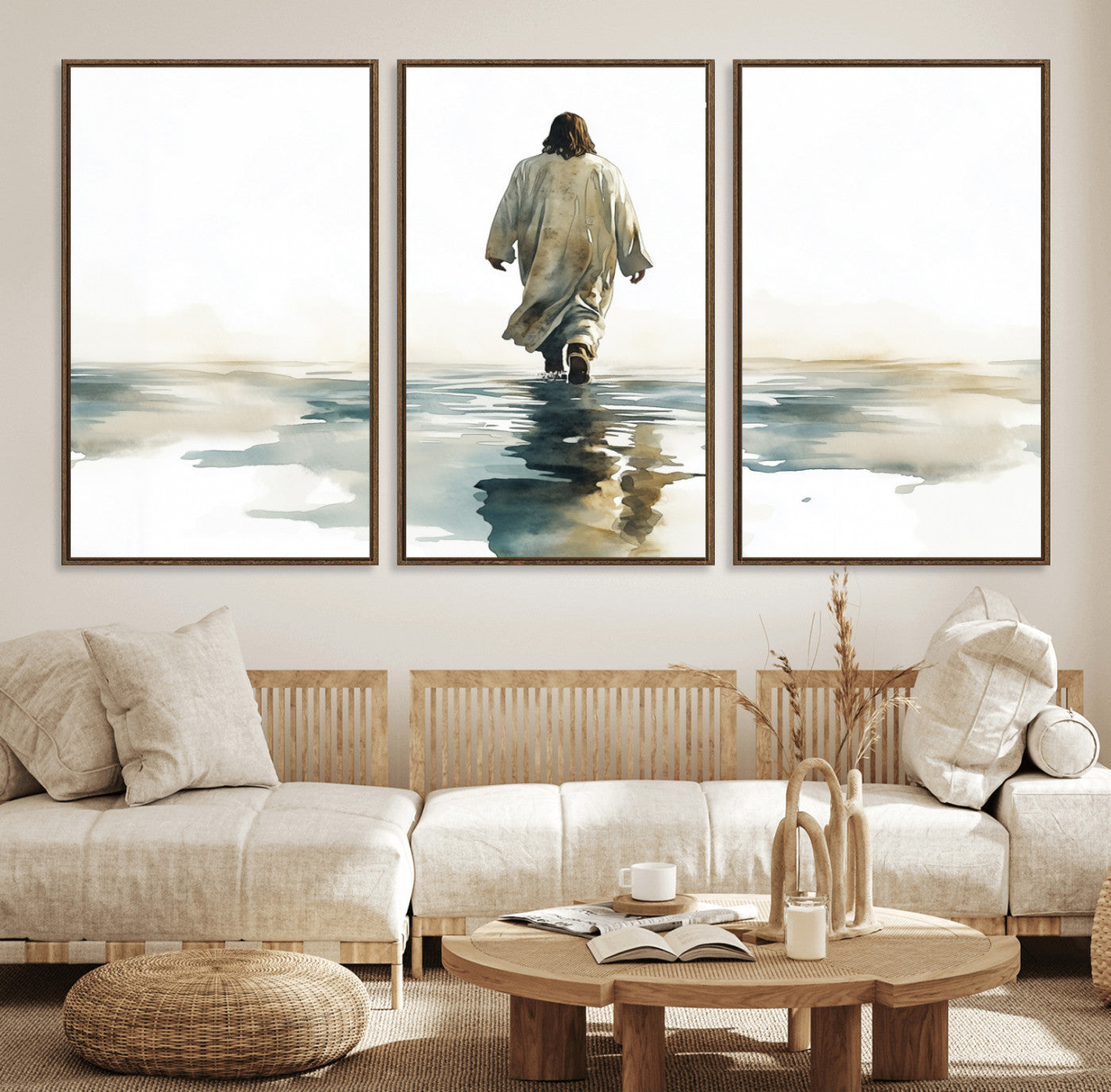 77475-MGV-FC-60X30-3P_Walnut-Watercolor Jesus Walking on Water Canvas Print, Christian Wall Art, Jesus Christ Walking