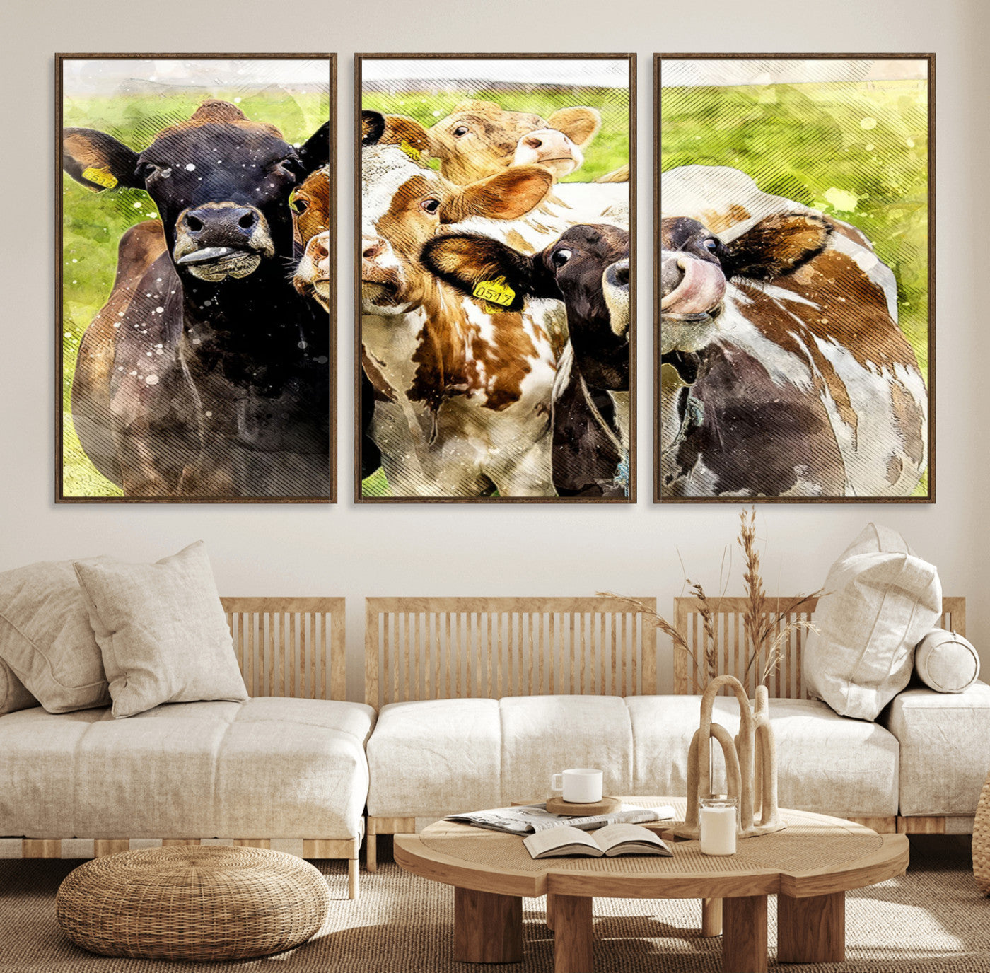 62642-MGV-FC-60X30-3P_Walnut-Curious Cows Farmhouse Wall Art | Ready to Hang and Framed Canvas Print | Rustic Farm Decor