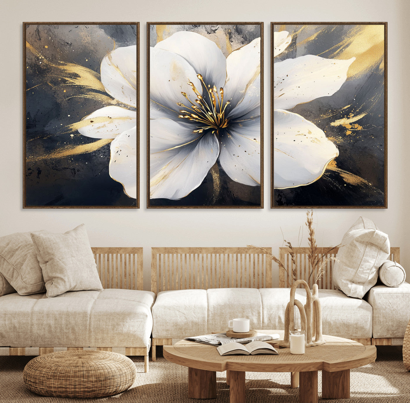19910-MGV-FC-60X30-3P_Walnut-White Flower Wall Art Canvas Print | Ready to Hang | Abstract Floral Wall Decor | Elegant Bloom