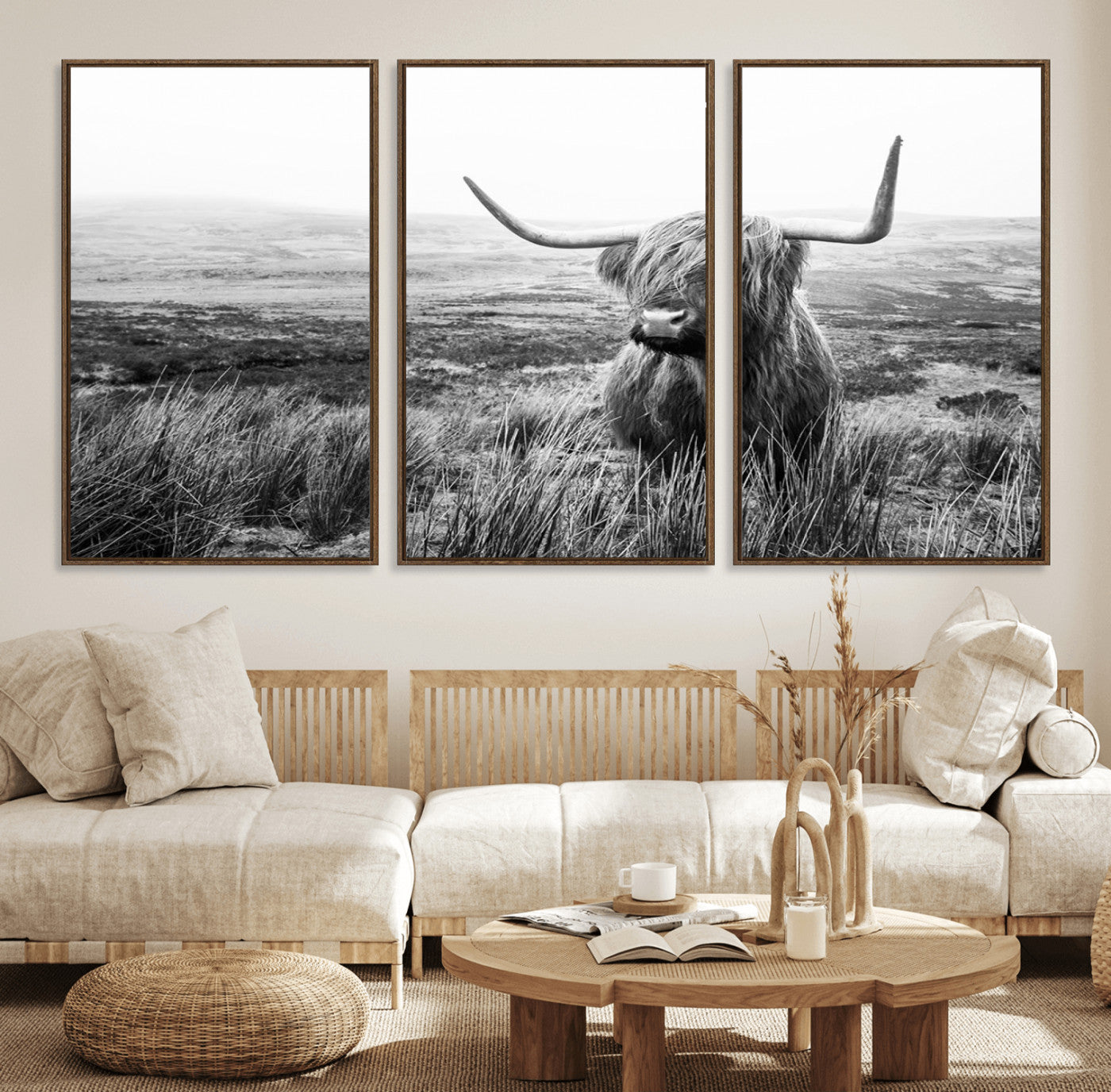 MGV-FC-60X30-3P - Scottish Highland Cow Wall Art | Black and White Canvas Print | Ready to Hang and Framed | Rustic